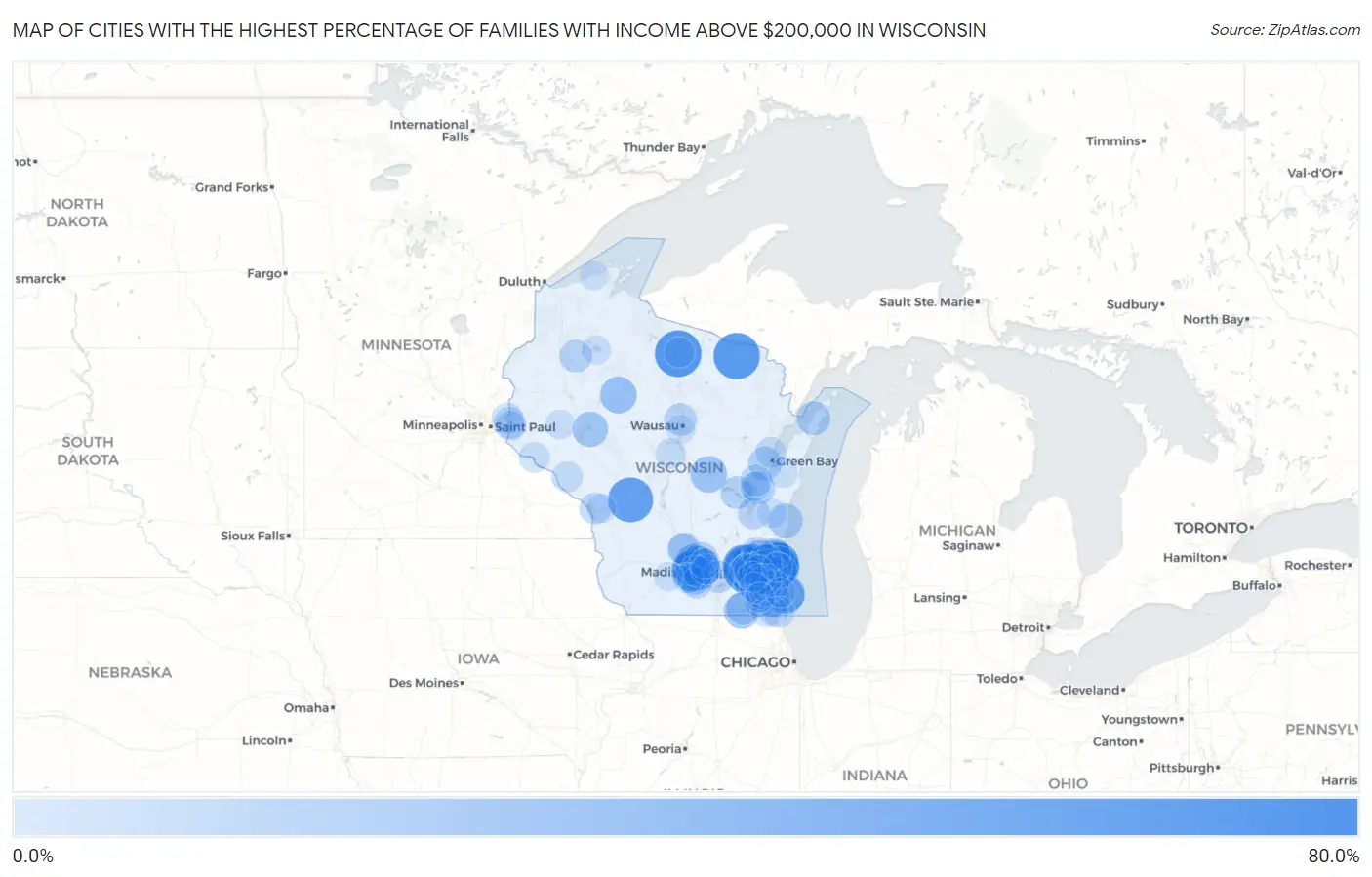 Cities with the Highest Percentage of Families with Income Above $200,000 in Wisconsin Map