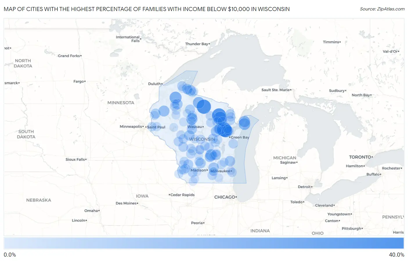 Cities with the Highest Percentage of Families with Income Below $10,000 in Wisconsin Map