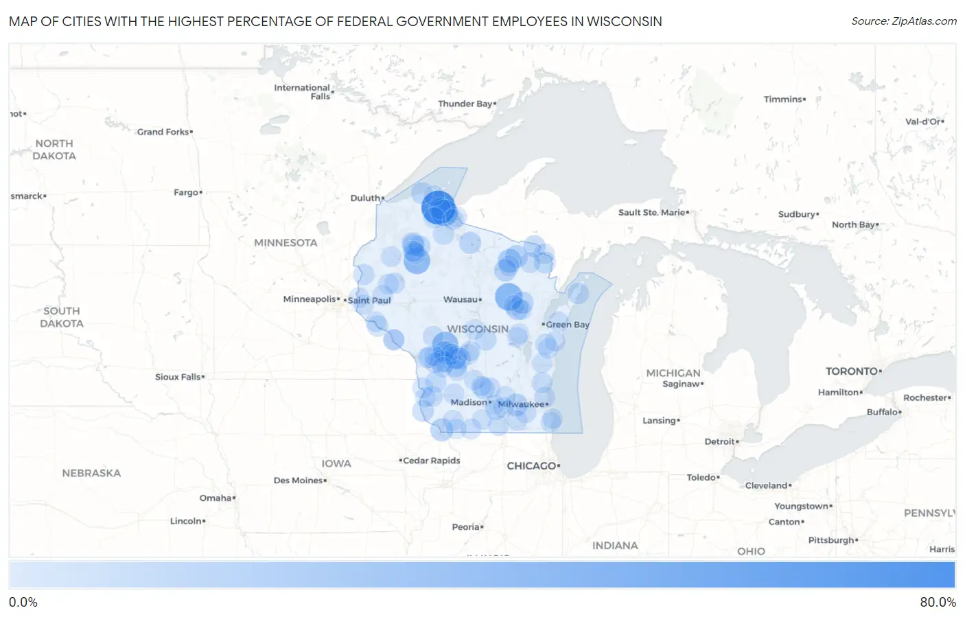 Cities with the Highest Percentage of Federal Government Employees in Wisconsin Map