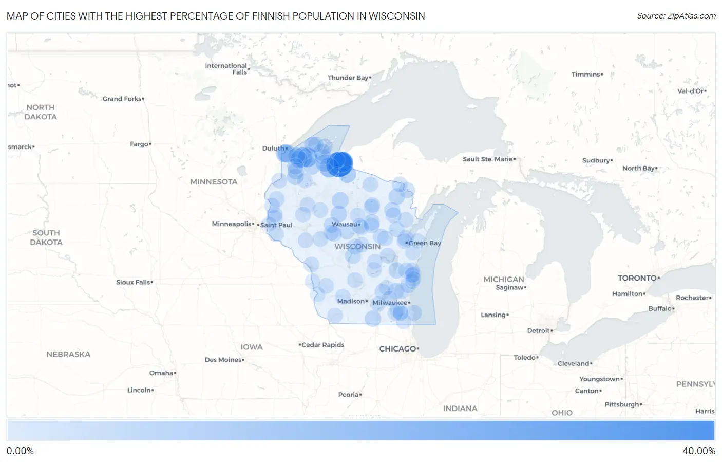 Cities with the Highest Percentage of Finnish Population in Wisconsin Map