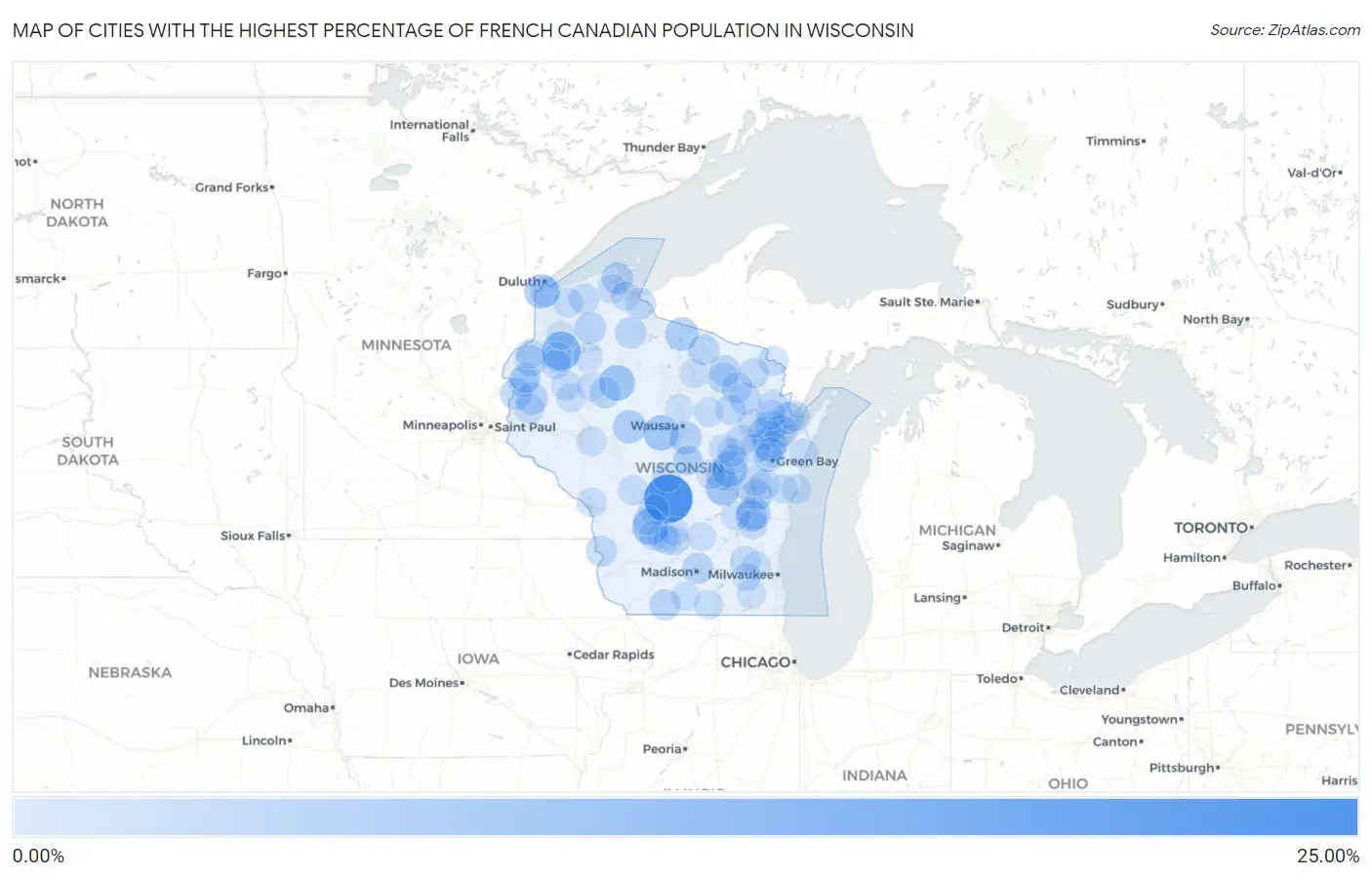 Cities with the Highest Percentage of French Canadian Population in Wisconsin Map
