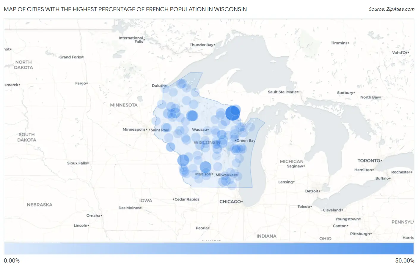 Cities with the Highest Percentage of French Population in Wisconsin Map