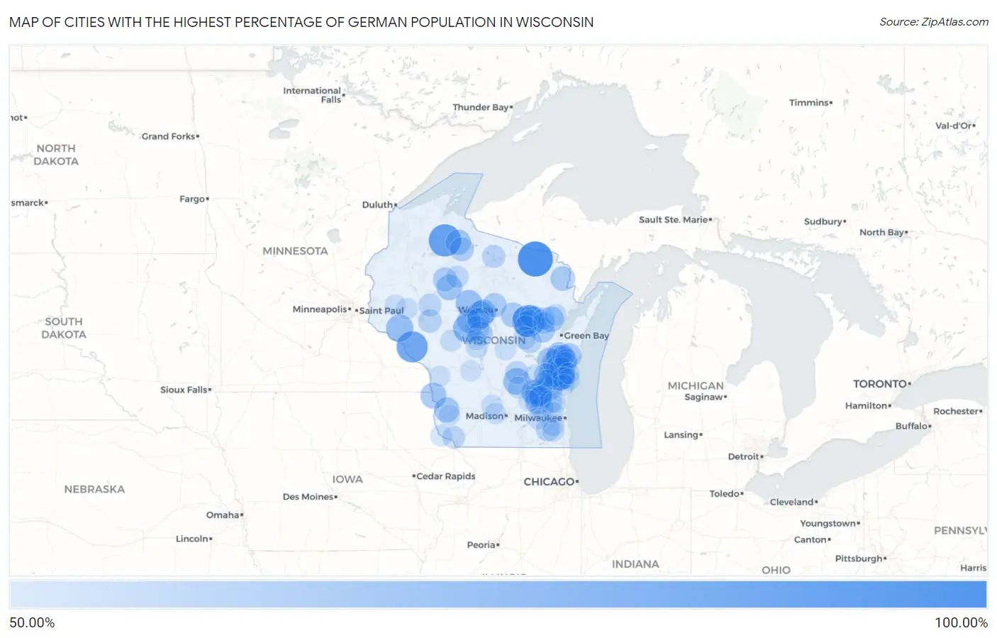Cities with the Highest Percentage of German Population in Wisconsin Map