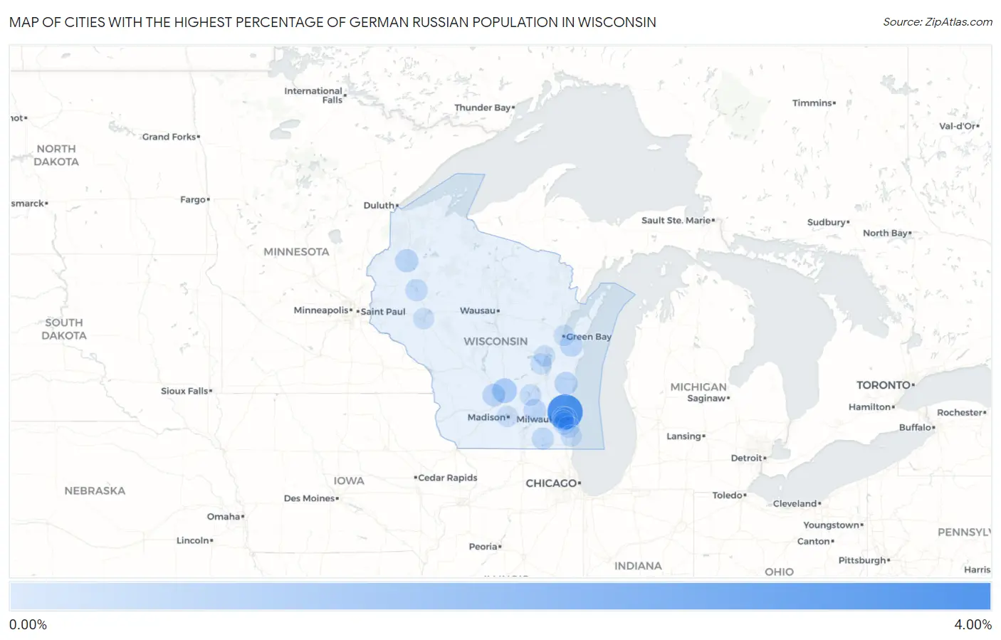 Cities with the Highest Percentage of German Russian Population in Wisconsin Map