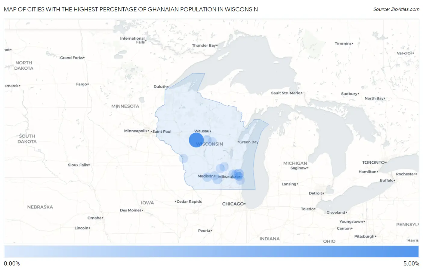 Cities with the Highest Percentage of Ghanaian Population in Wisconsin Map