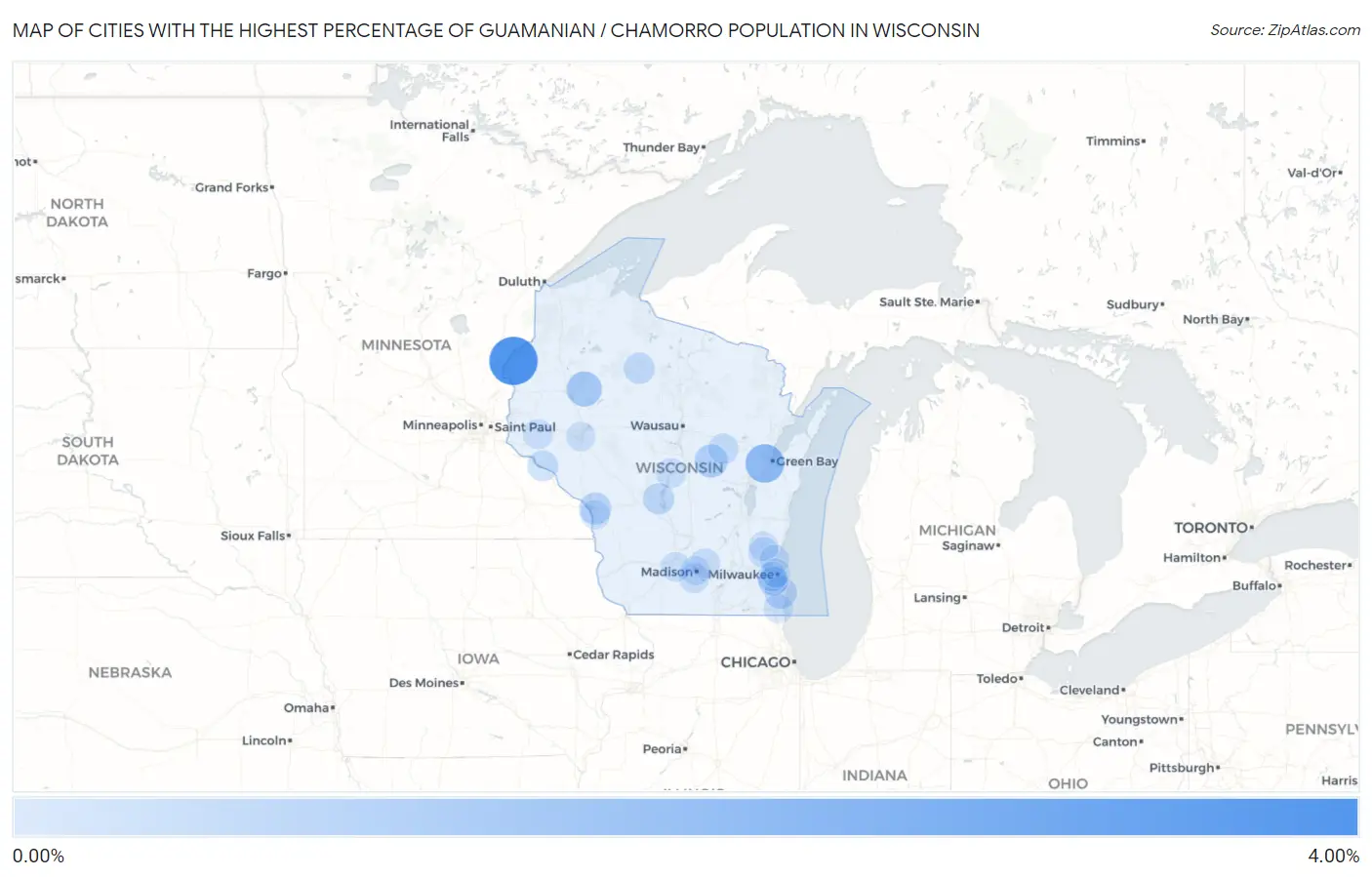 Cities with the Highest Percentage of Guamanian / Chamorro Population in Wisconsin Map