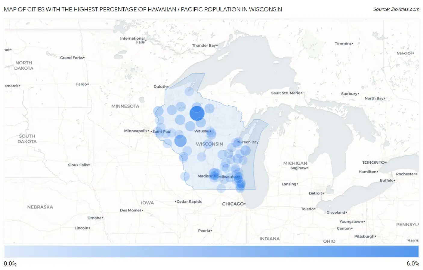 Cities with the Highest Percentage of Hawaiian / Pacific Population in Wisconsin Map