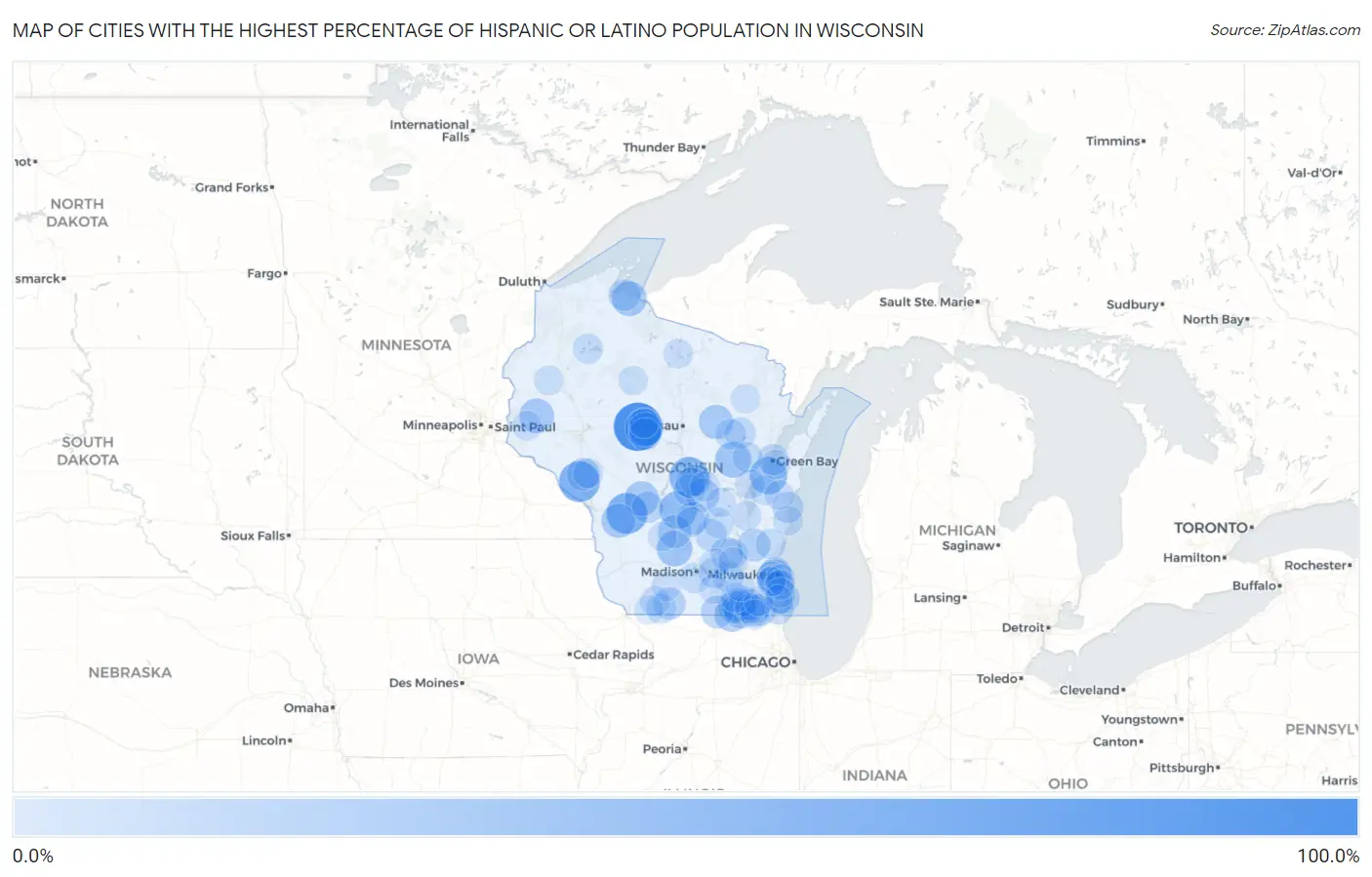 Cities with the Highest Percentage of Hispanic or Latino Population in Wisconsin Map