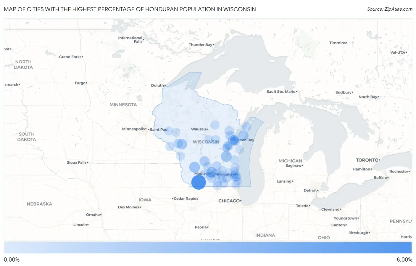 Cities with the Highest Percentage of Honduran Population in Wisconsin Map
