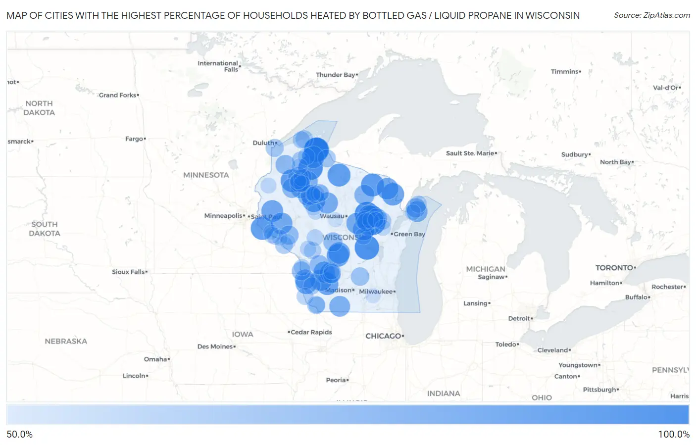 Cities with the Highest Percentage of Households Heated by Bottled Gas / Liquid Propane in Wisconsin Map