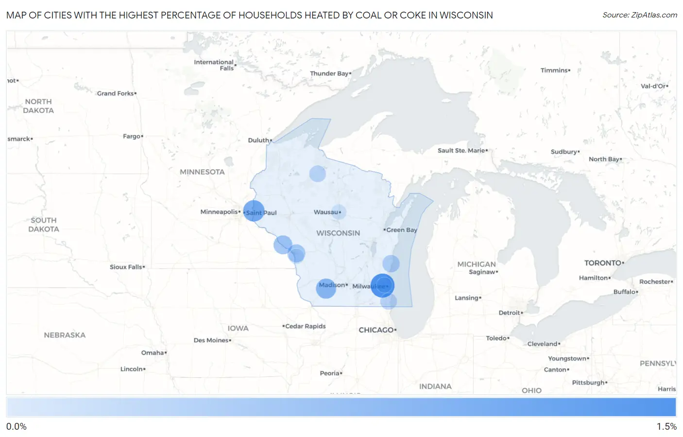 Cities with the Highest Percentage of Households Heated by Coal or Coke in Wisconsin Map