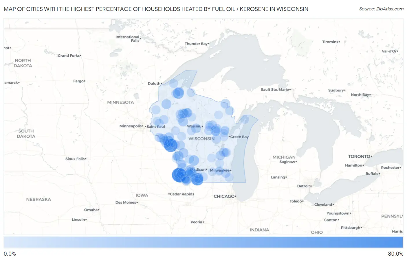 Cities with the Highest Percentage of Households Heated by Fuel Oil / Kerosene in Wisconsin Map