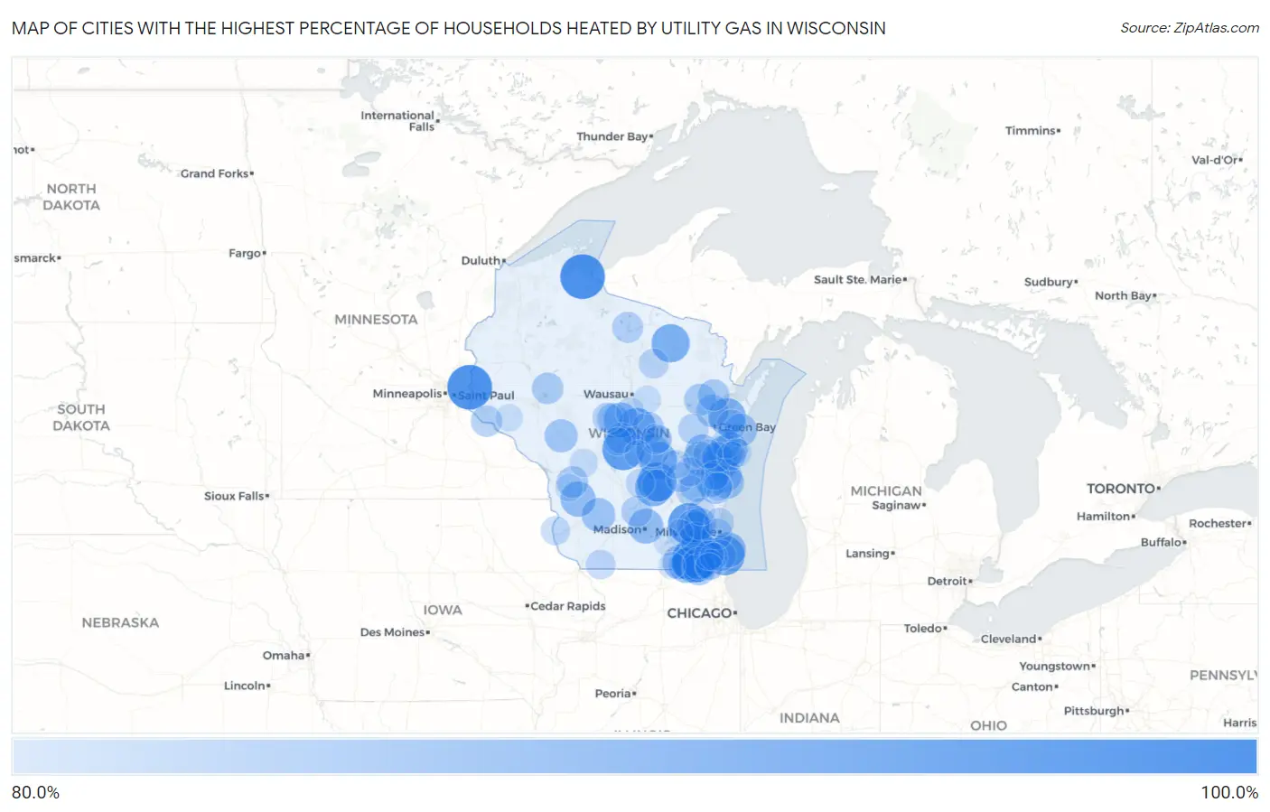 Cities with the Highest Percentage of Households Heated by Utility Gas in Wisconsin Map