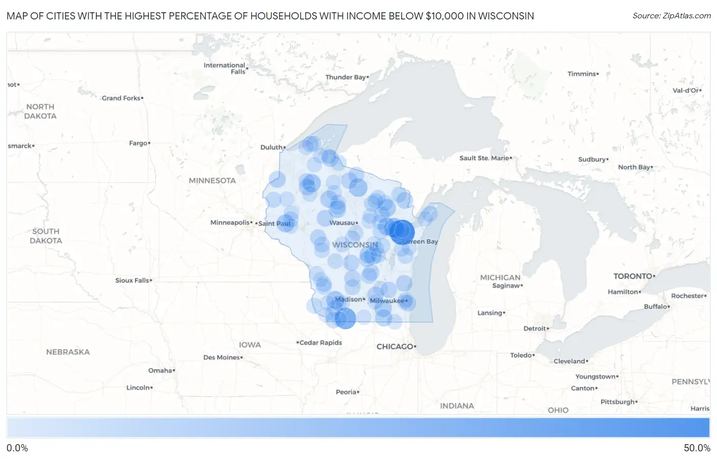 Cities with the Highest Percentage of Households with Income Below $10,000 in Wisconsin Map