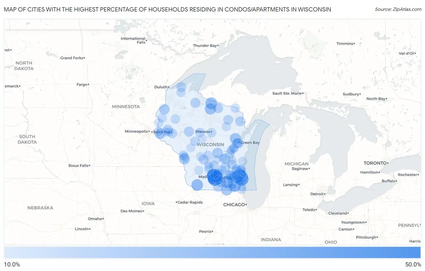Cities with the Highest Percentage of Households Residing in Condos/Apartments in Wisconsin Map