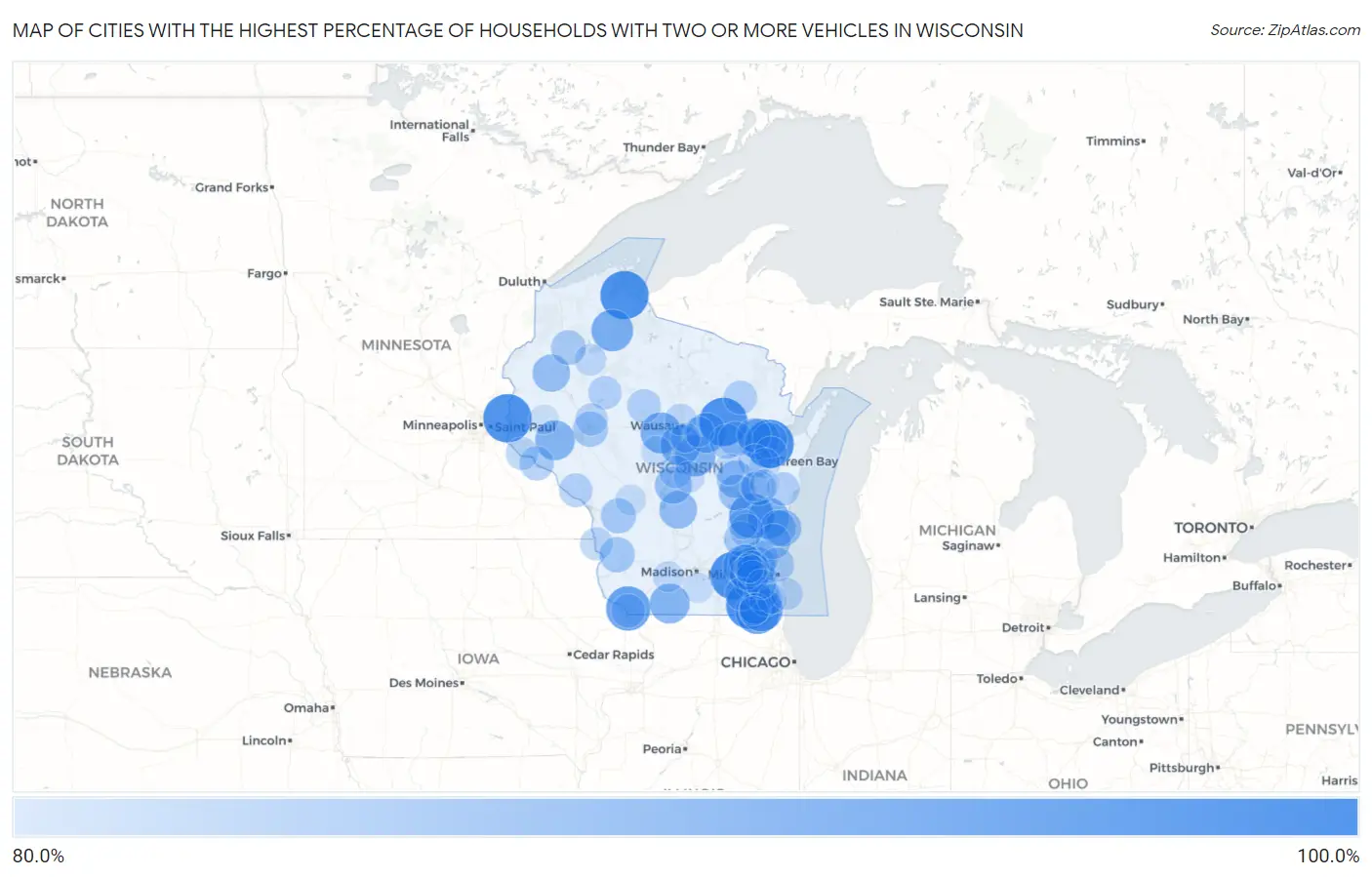 Cities with the Highest Percentage of Households With Two or more Vehicles in Wisconsin Map