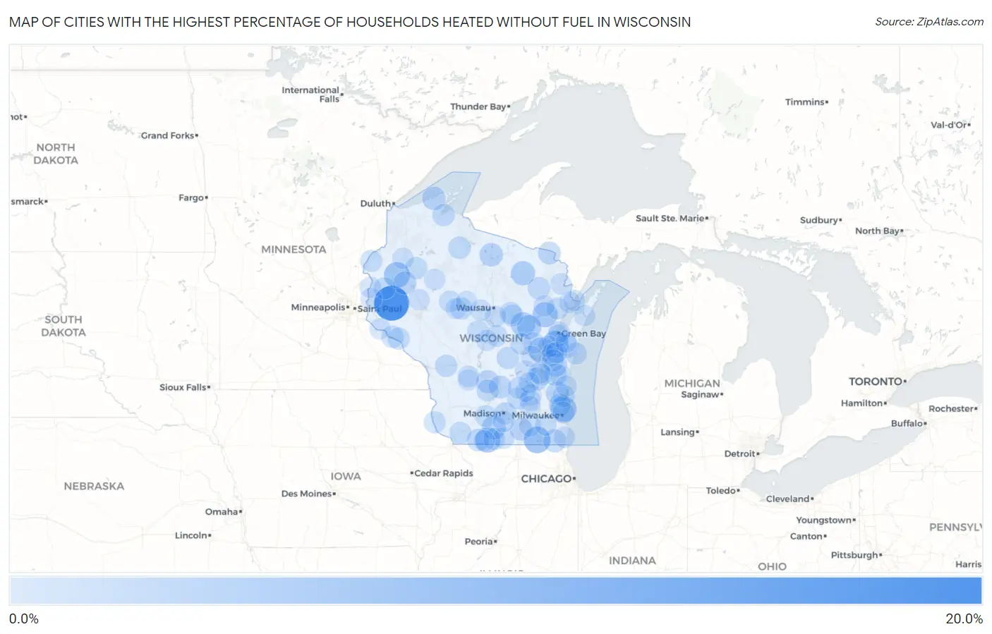 Cities with the Highest Percentage of Households Heated without Fuel in Wisconsin Map