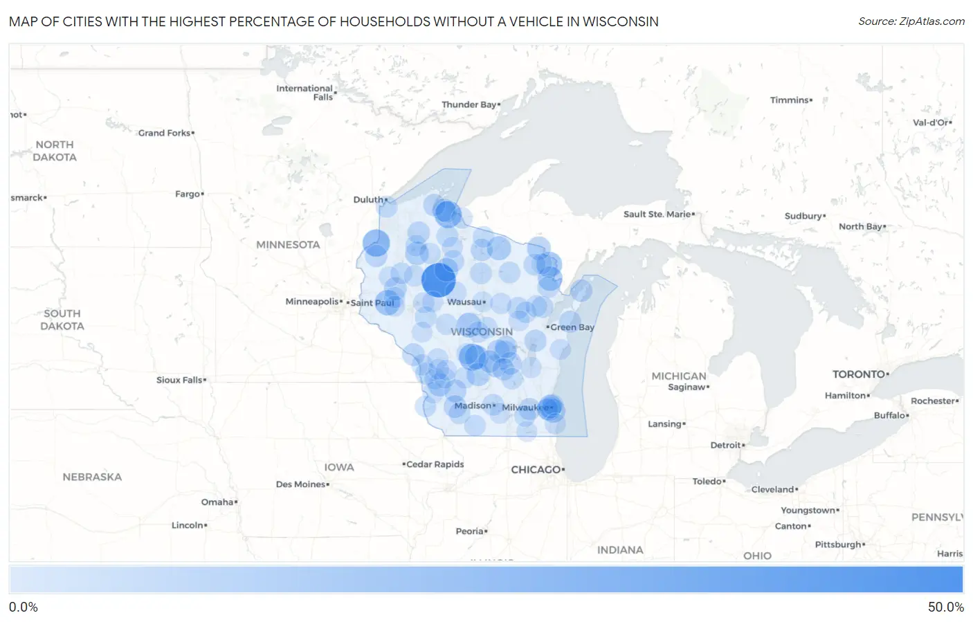 Cities with the Highest Percentage of Households Without a Vehicle in Wisconsin Map