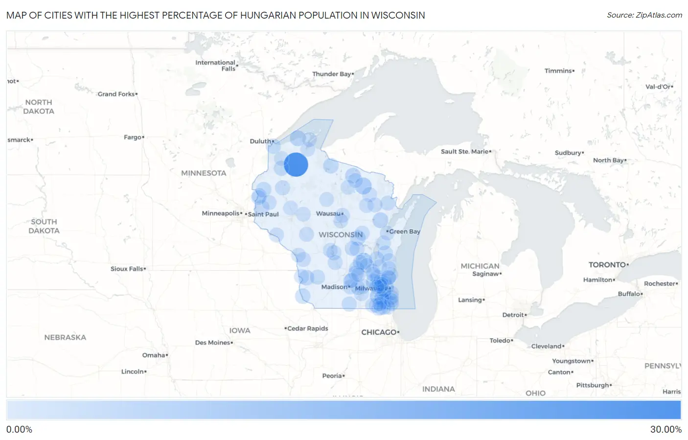 Cities with the Highest Percentage of Hungarian Population in Wisconsin Map
