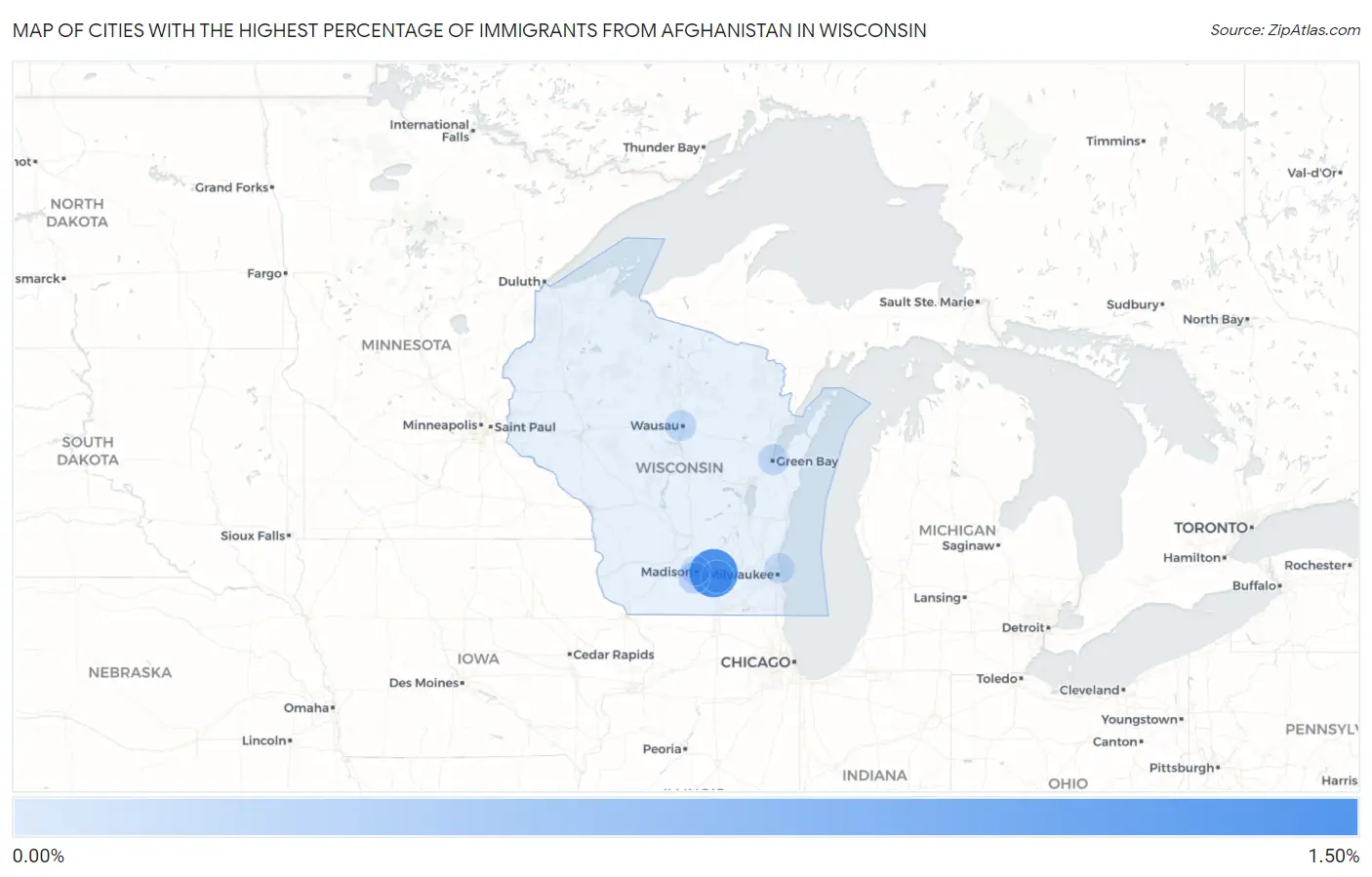 Cities with the Highest Percentage of Immigrants from Afghanistan in Wisconsin Map