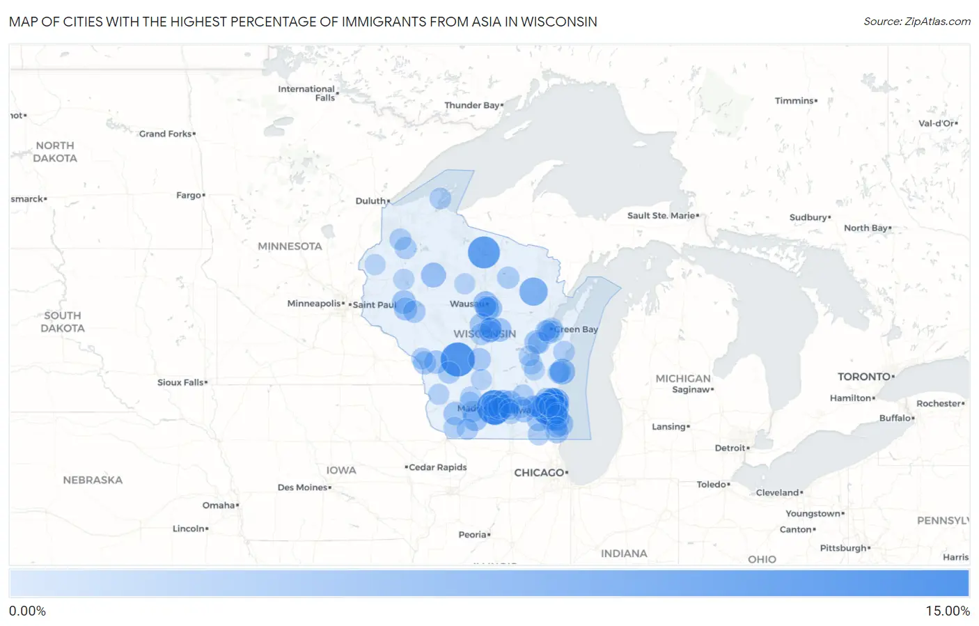 Cities with the Highest Percentage of Immigrants from Asia in Wisconsin Map