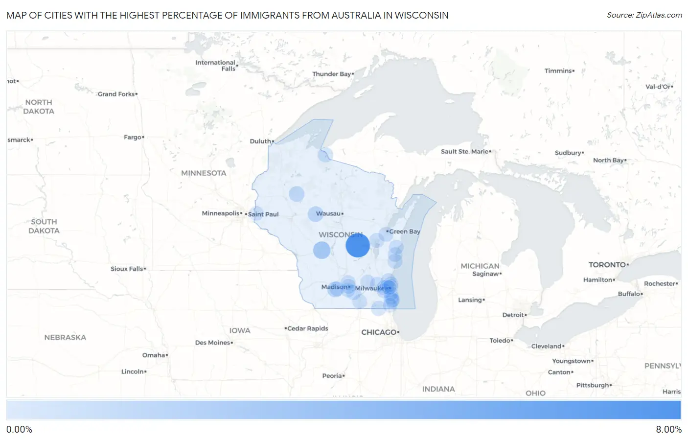 Cities with the Highest Percentage of Immigrants from Australia in Wisconsin Map
