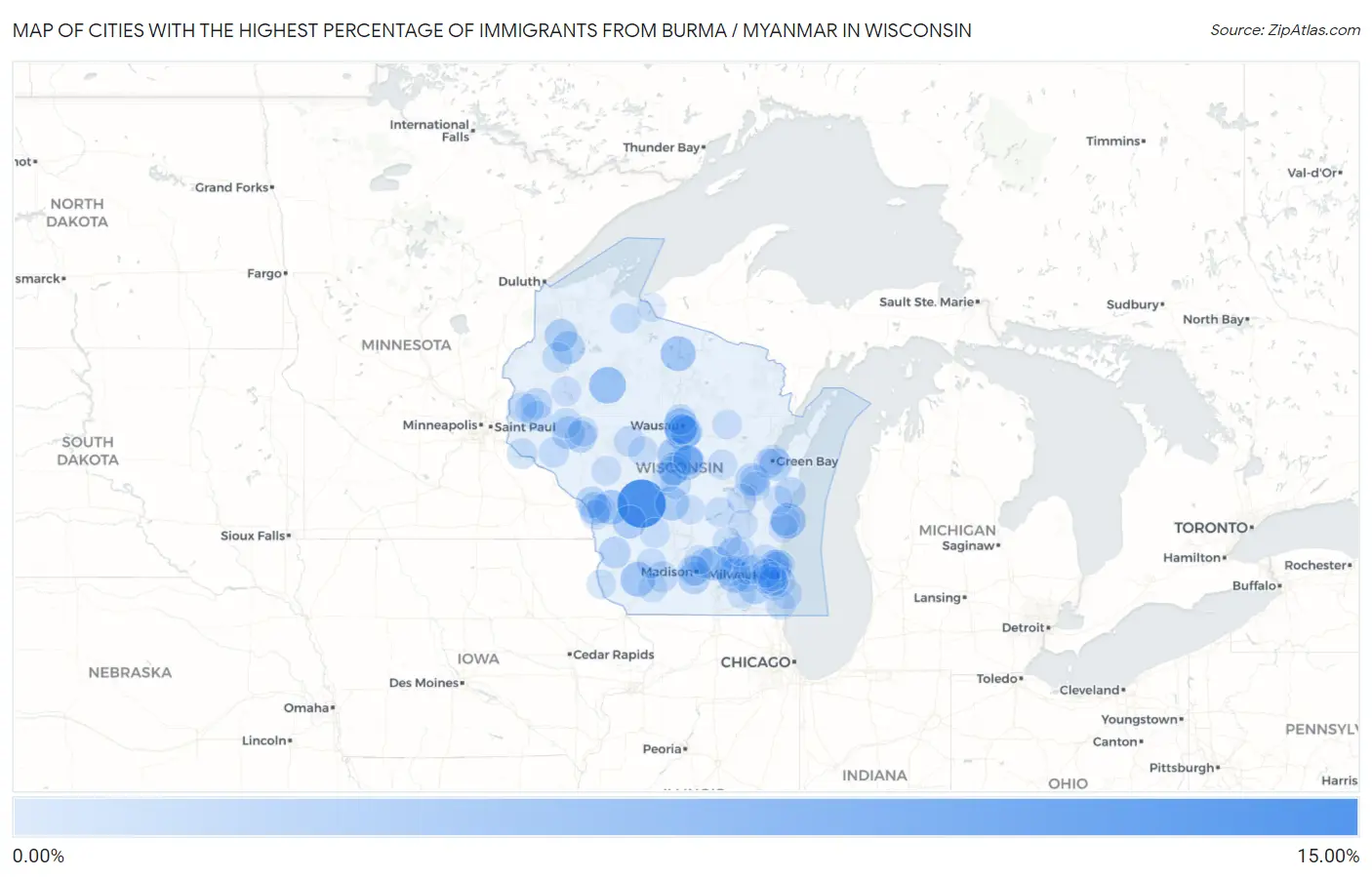 Cities with the Highest Percentage of Immigrants from Burma / Myanmar in Wisconsin Map