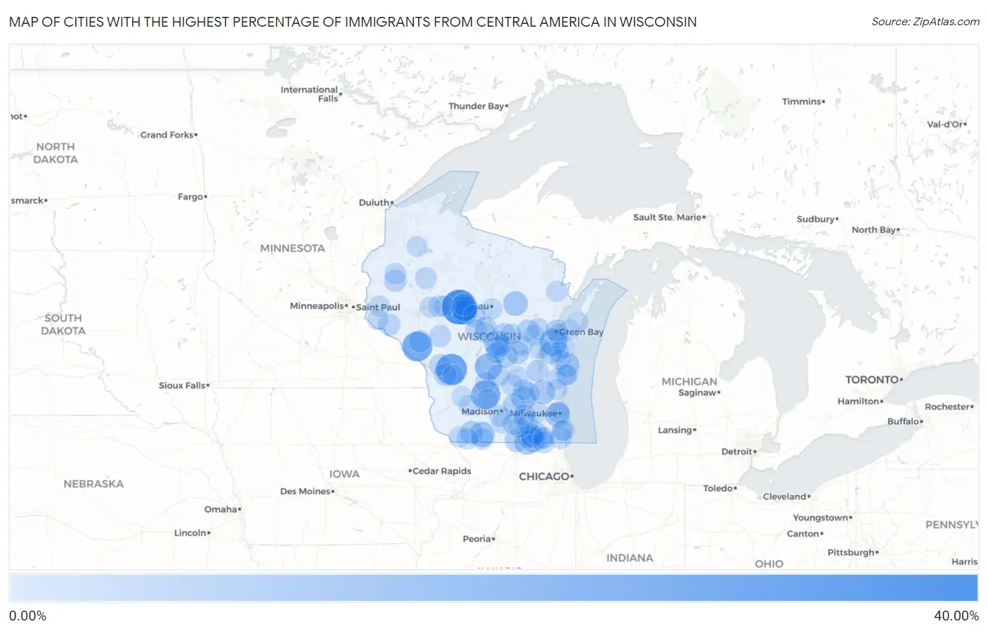 Cities with the Highest Percentage of Immigrants from Central America in Wisconsin Map