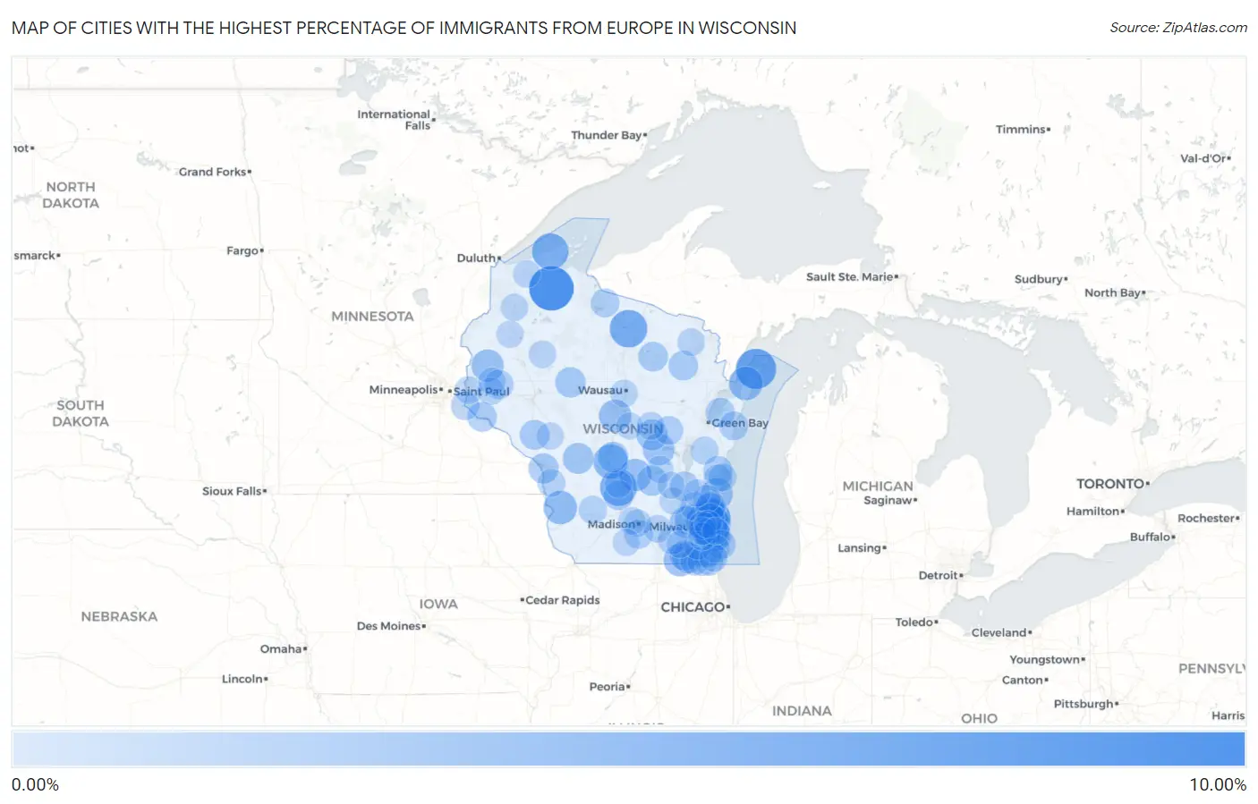 Cities with the Highest Percentage of Immigrants from Europe in Wisconsin Map