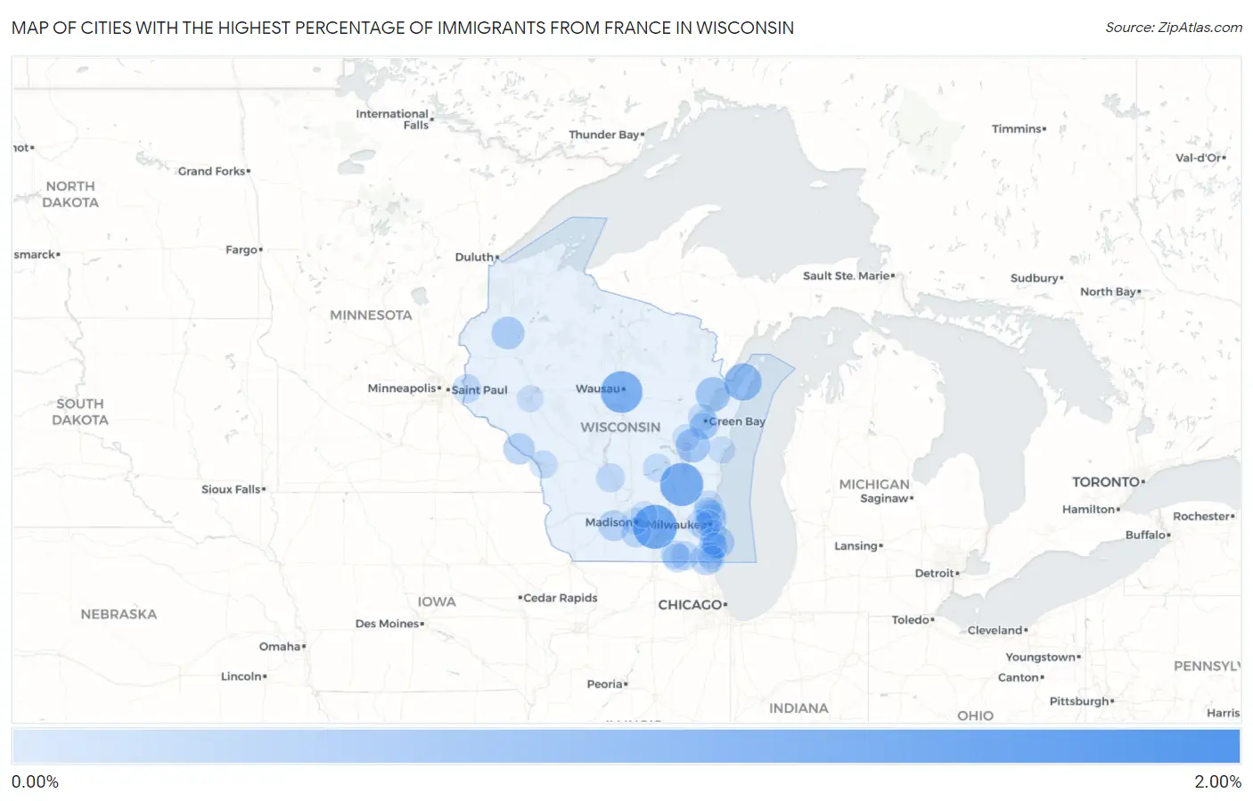 Cities with the Highest Percentage of Immigrants from France in Wisconsin Map