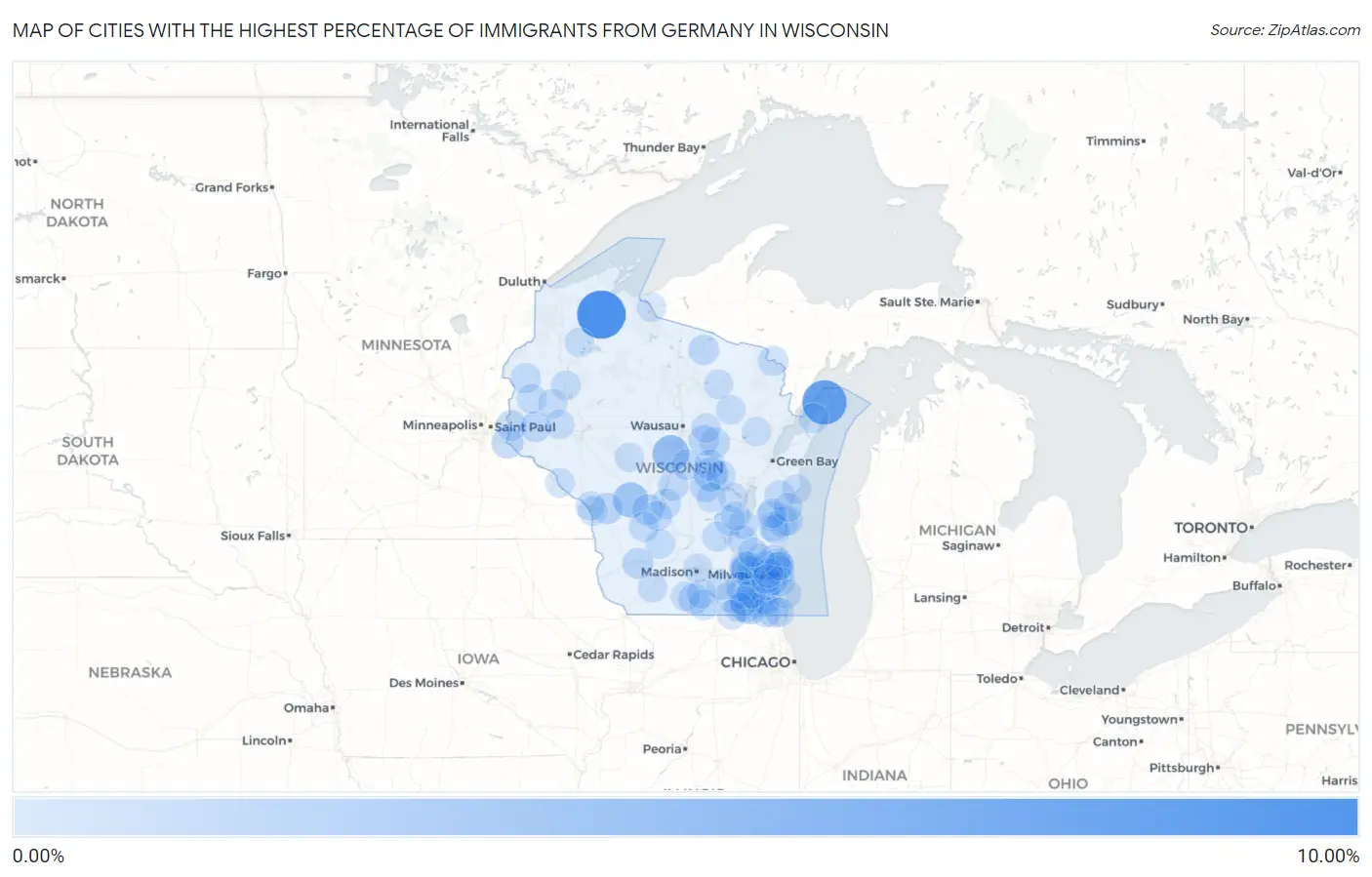 Cities with the Highest Percentage of Immigrants from Germany in Wisconsin Map