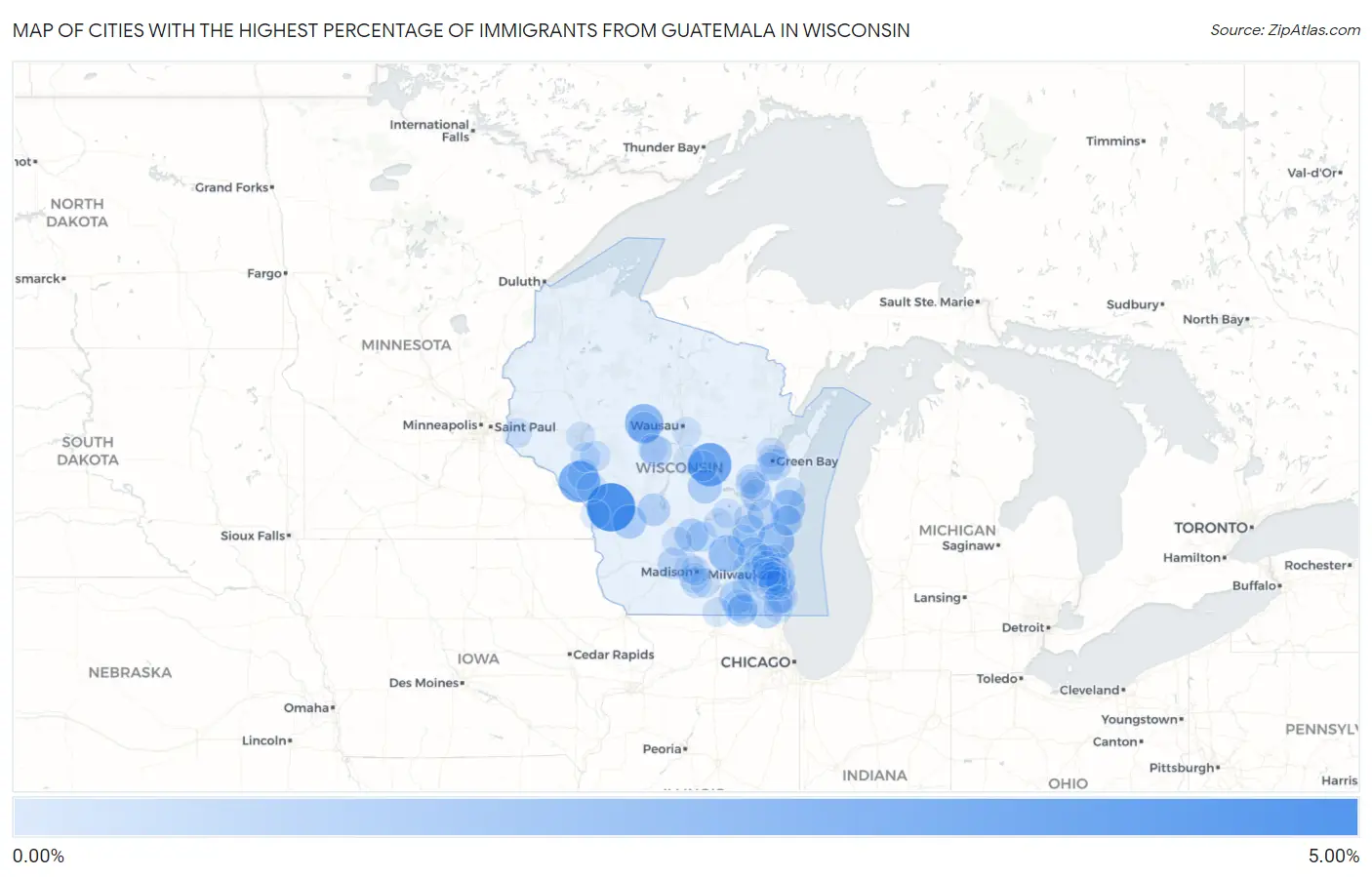 Cities with the Highest Percentage of Immigrants from Guatemala in Wisconsin Map