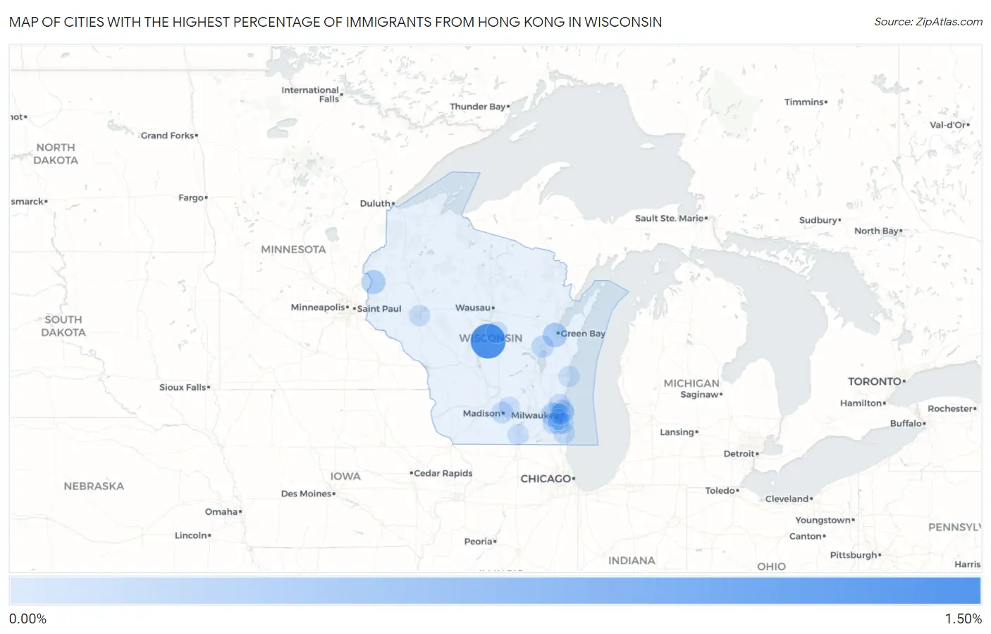 Cities with the Highest Percentage of Immigrants from Hong Kong in Wisconsin Map