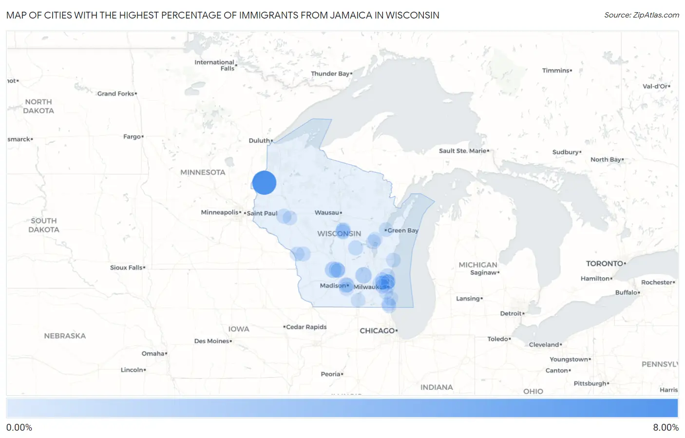 Cities with the Highest Percentage of Immigrants from Jamaica in Wisconsin Map