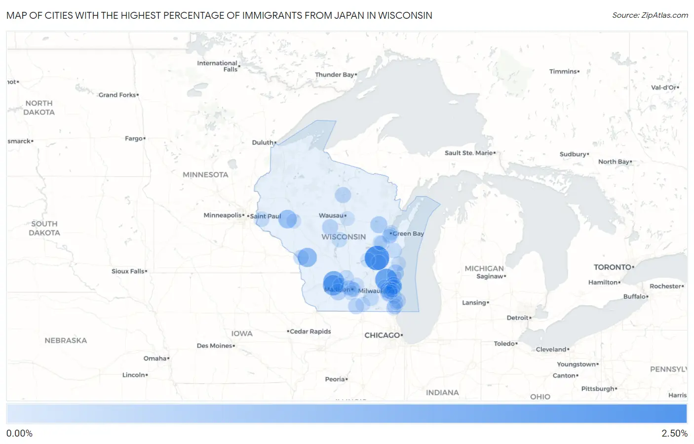 Cities with the Highest Percentage of Immigrants from Japan in Wisconsin Map