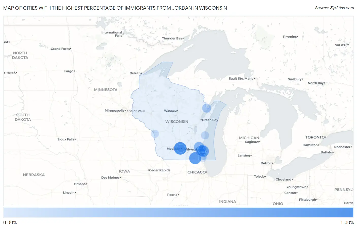 Cities with the Highest Percentage of Immigrants from Jordan in Wisconsin Map