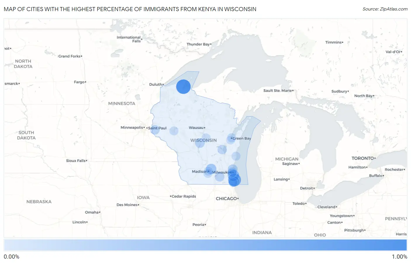 Cities with the Highest Percentage of Immigrants from Kenya in Wisconsin Map