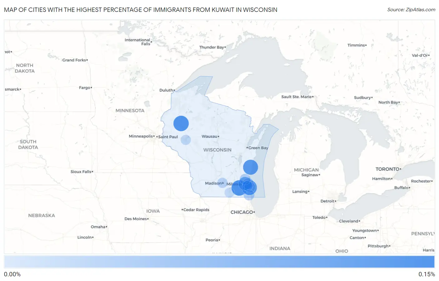 Cities with the Highest Percentage of Immigrants from Kuwait in Wisconsin Map