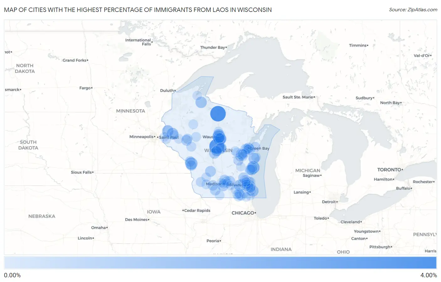 Cities with the Highest Percentage of Immigrants from Laos in Wisconsin Map