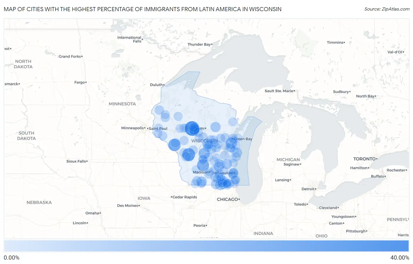 Cities with the Highest Percentage of Immigrants from Latin America in Wisconsin Map