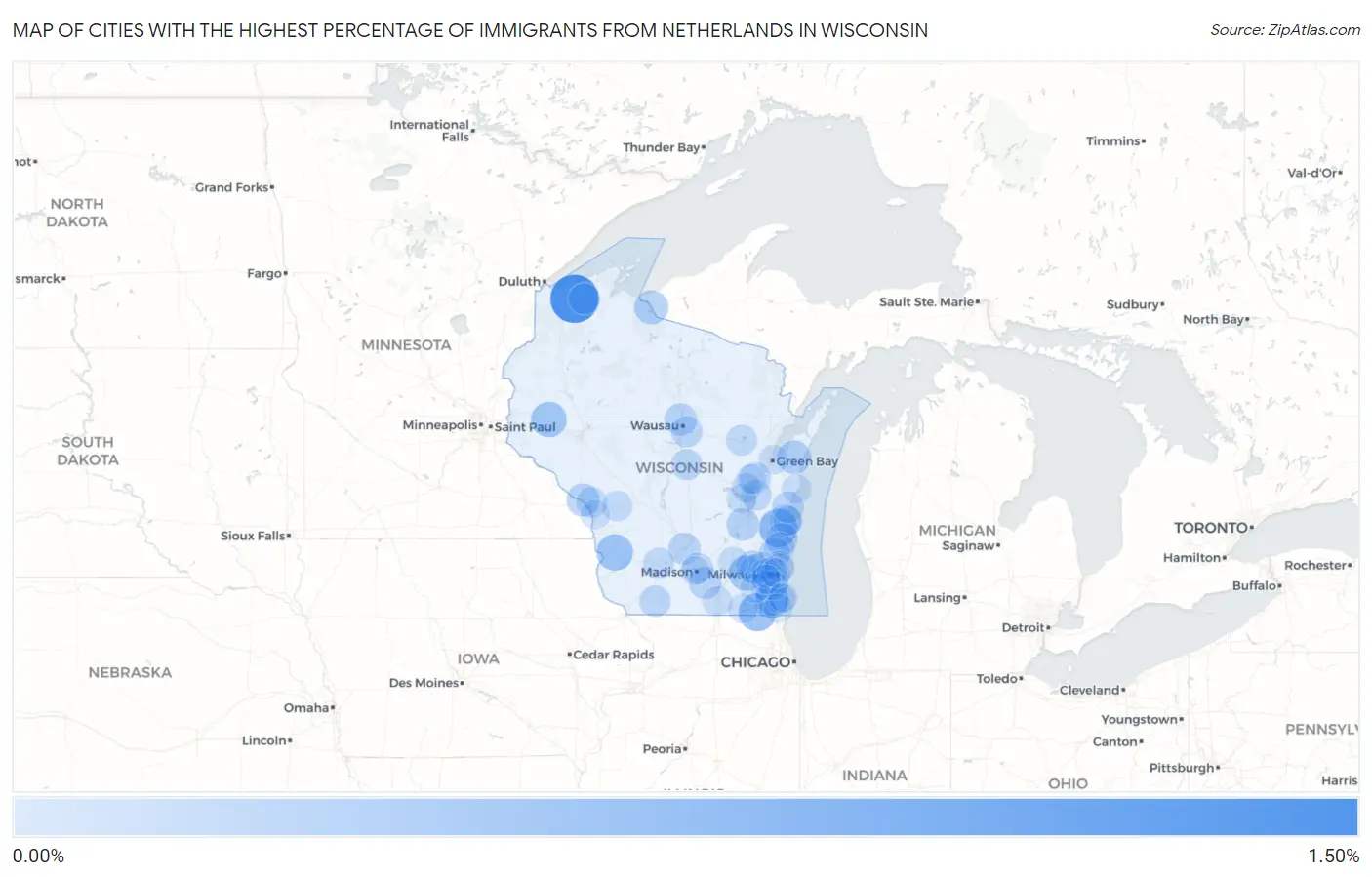 Cities with the Highest Percentage of Immigrants from Netherlands in Wisconsin Map