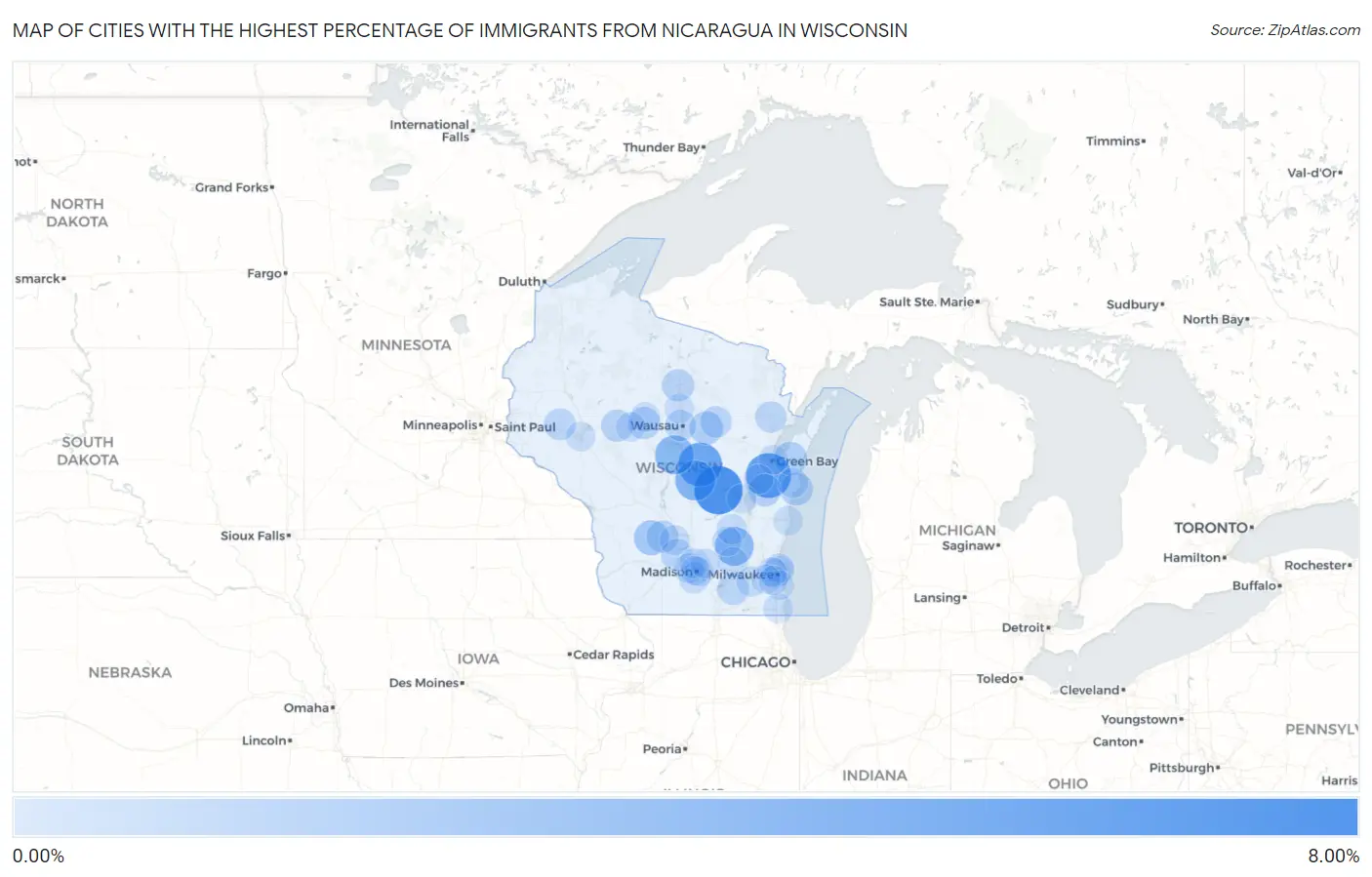 Cities with the Highest Percentage of Immigrants from Nicaragua in Wisconsin Map