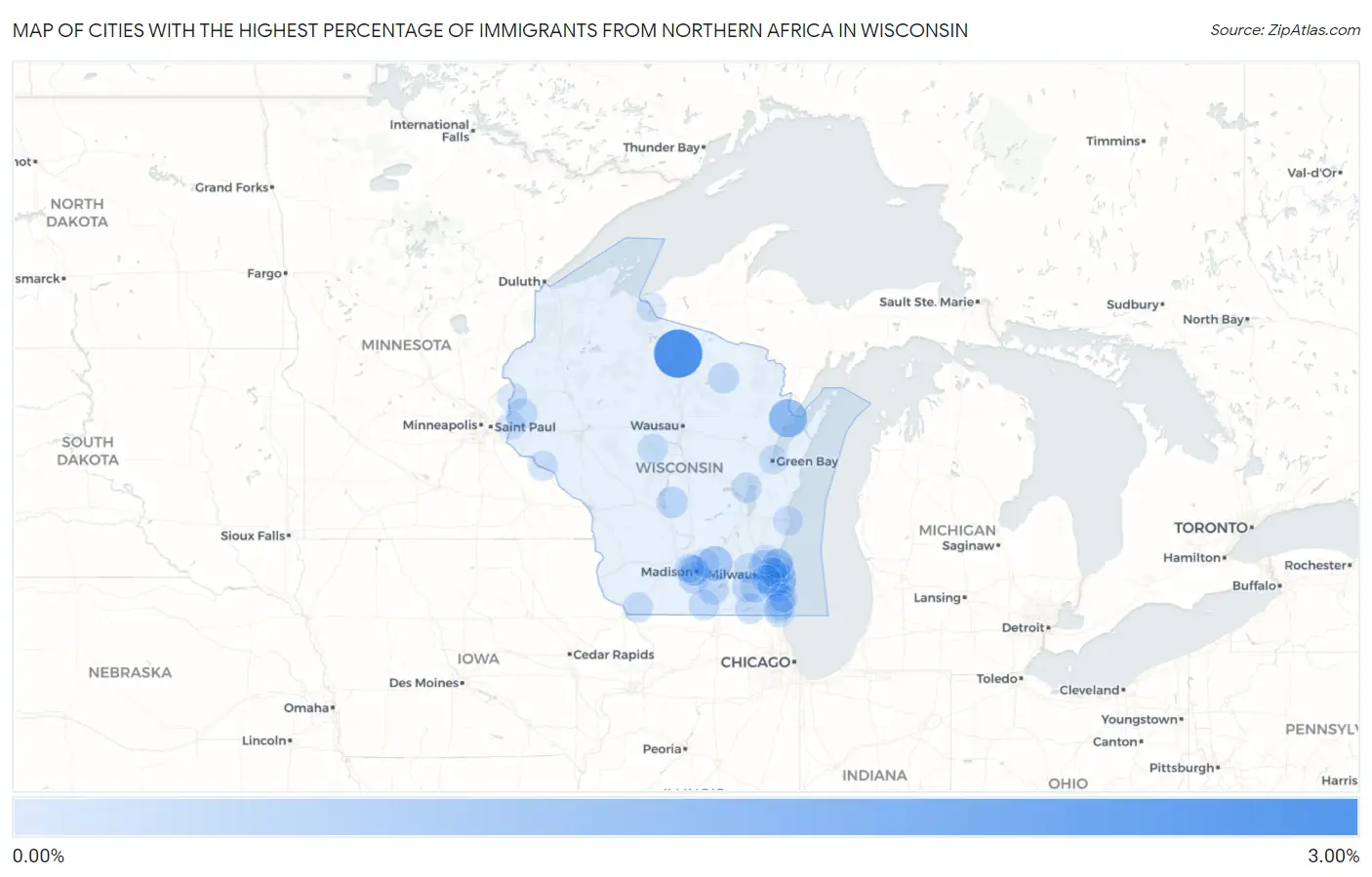 Cities with the Highest Percentage of Immigrants from Northern Africa in Wisconsin Map