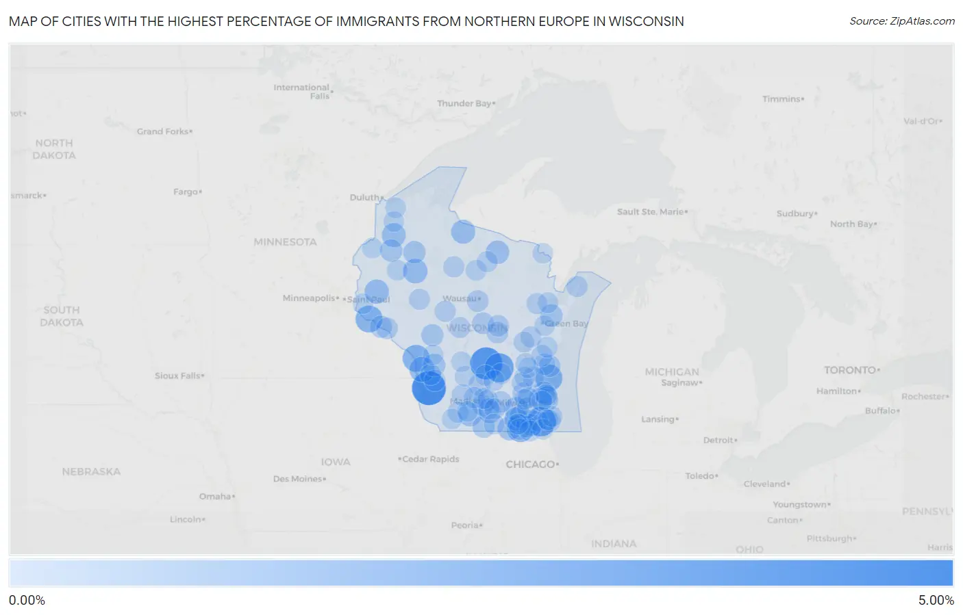 Cities with the Highest Percentage of Immigrants from Northern Europe in Wisconsin Map
