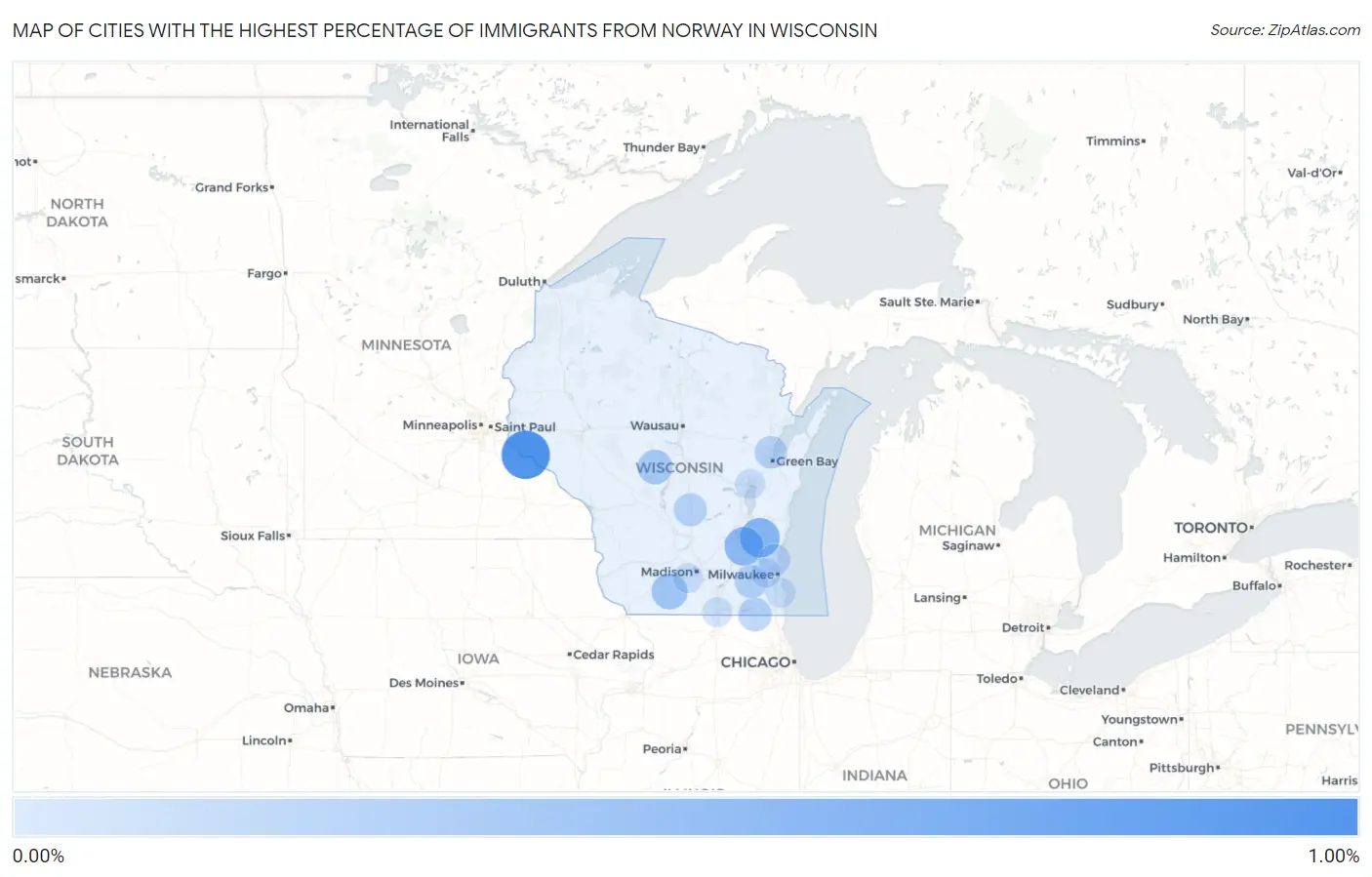 Cities with the Highest Percentage of Immigrants from Norway in Wisconsin Map