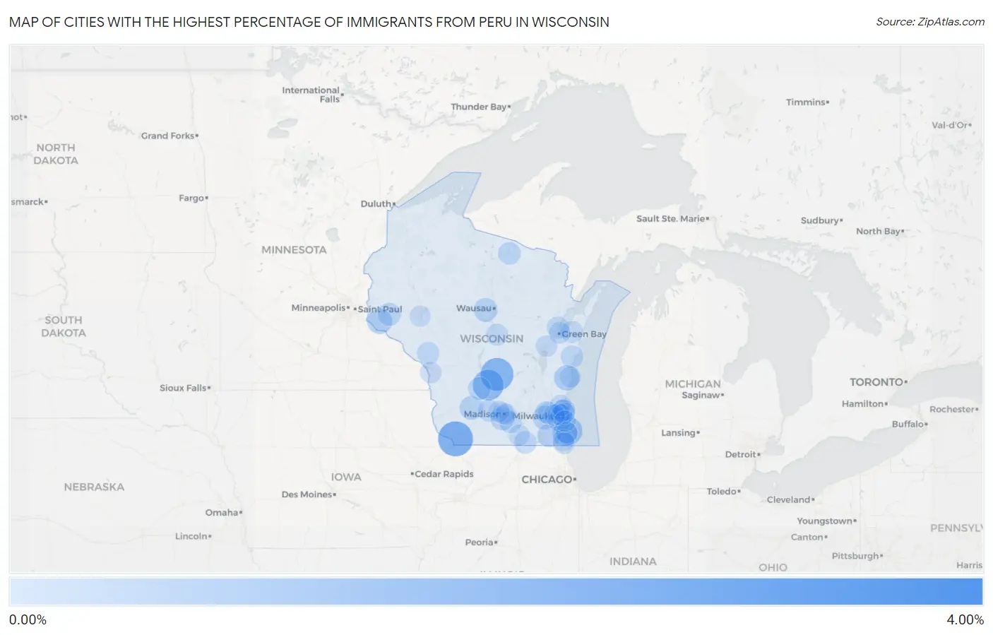 Cities with the Highest Percentage of Immigrants from Peru in Wisconsin Map