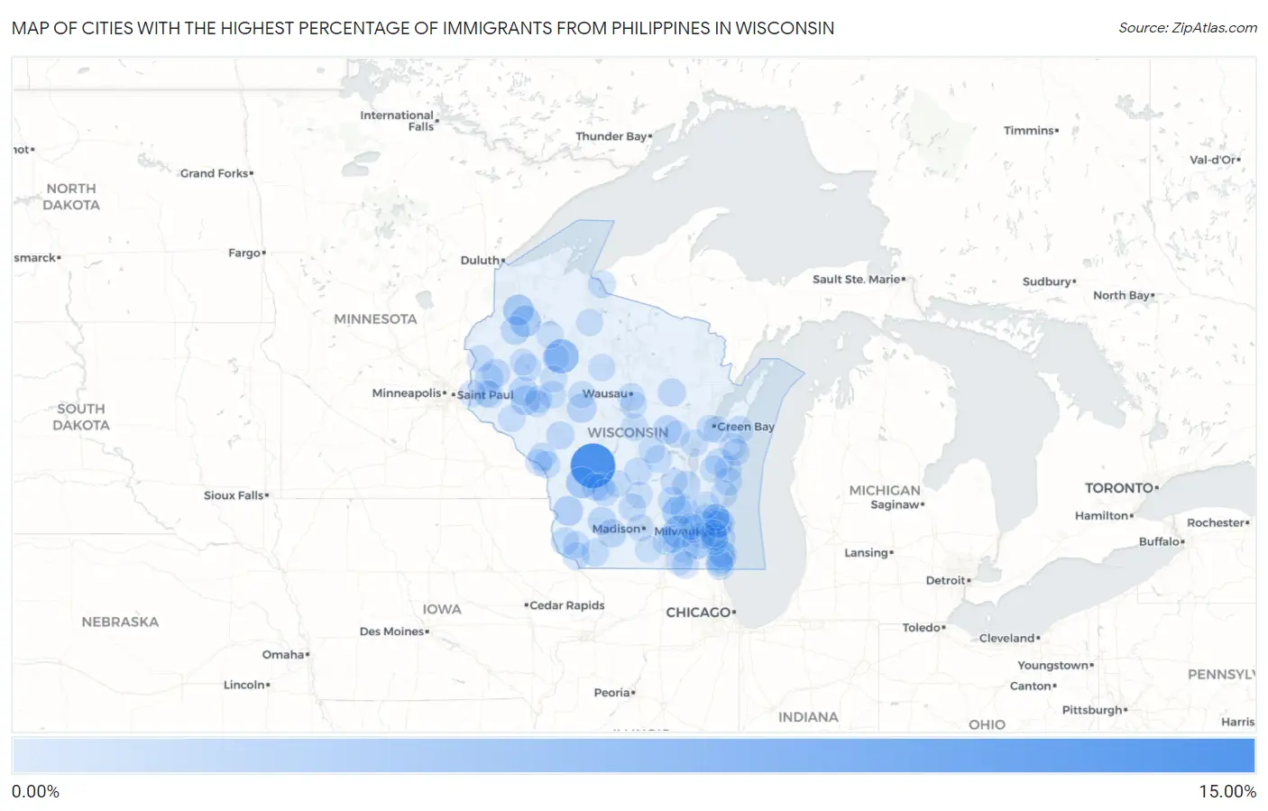 Cities with the Highest Percentage of Immigrants from Philippines in Wisconsin Map