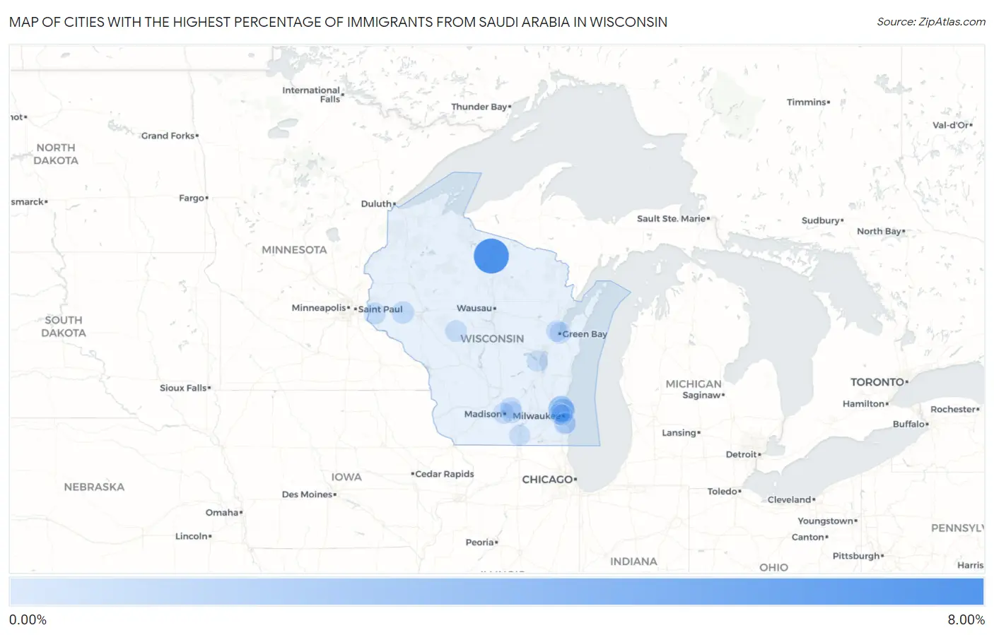 Cities with the Highest Percentage of Immigrants from Saudi Arabia in Wisconsin Map