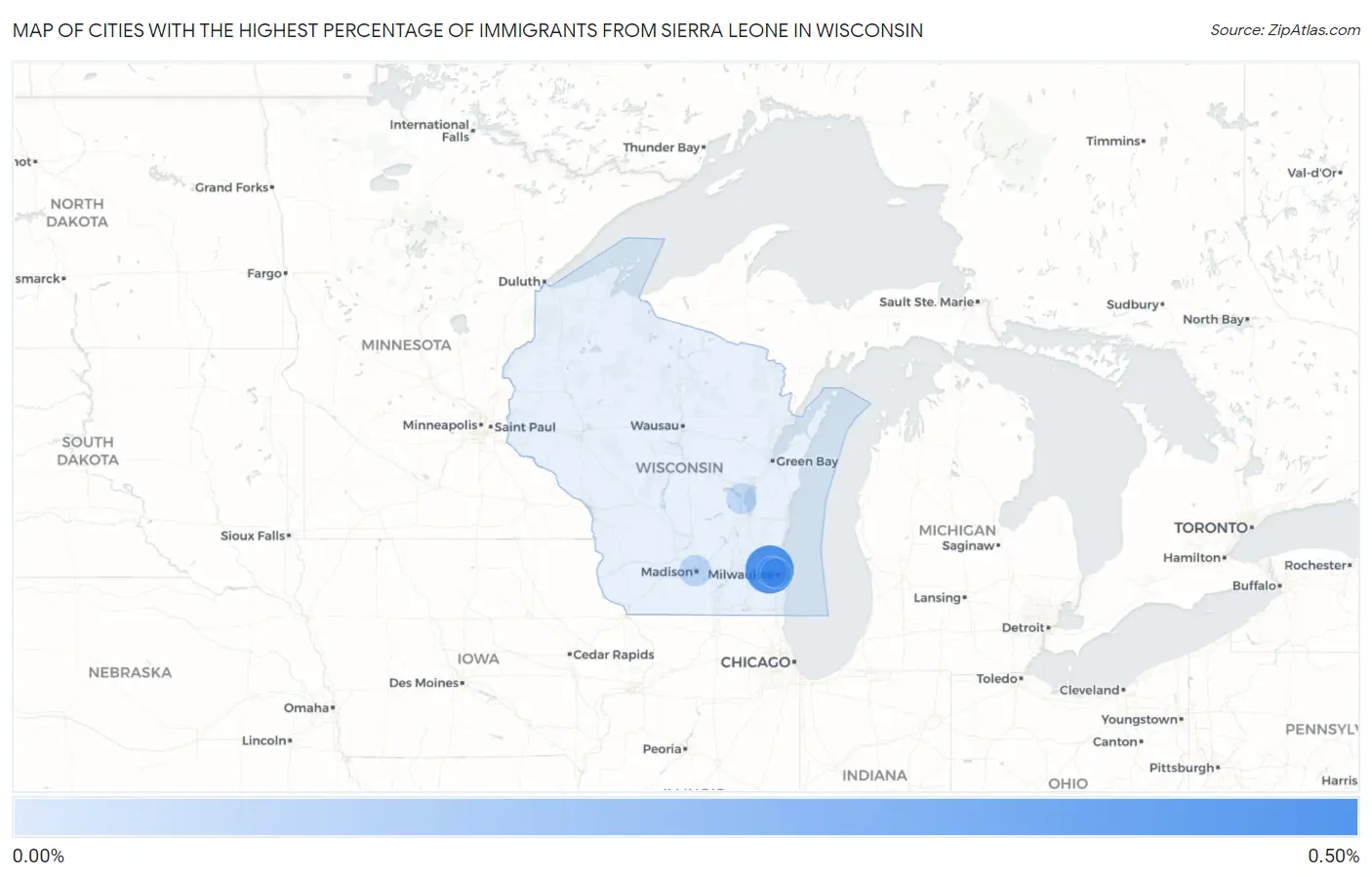 Cities with the Highest Percentage of Immigrants from Sierra Leone in Wisconsin Map