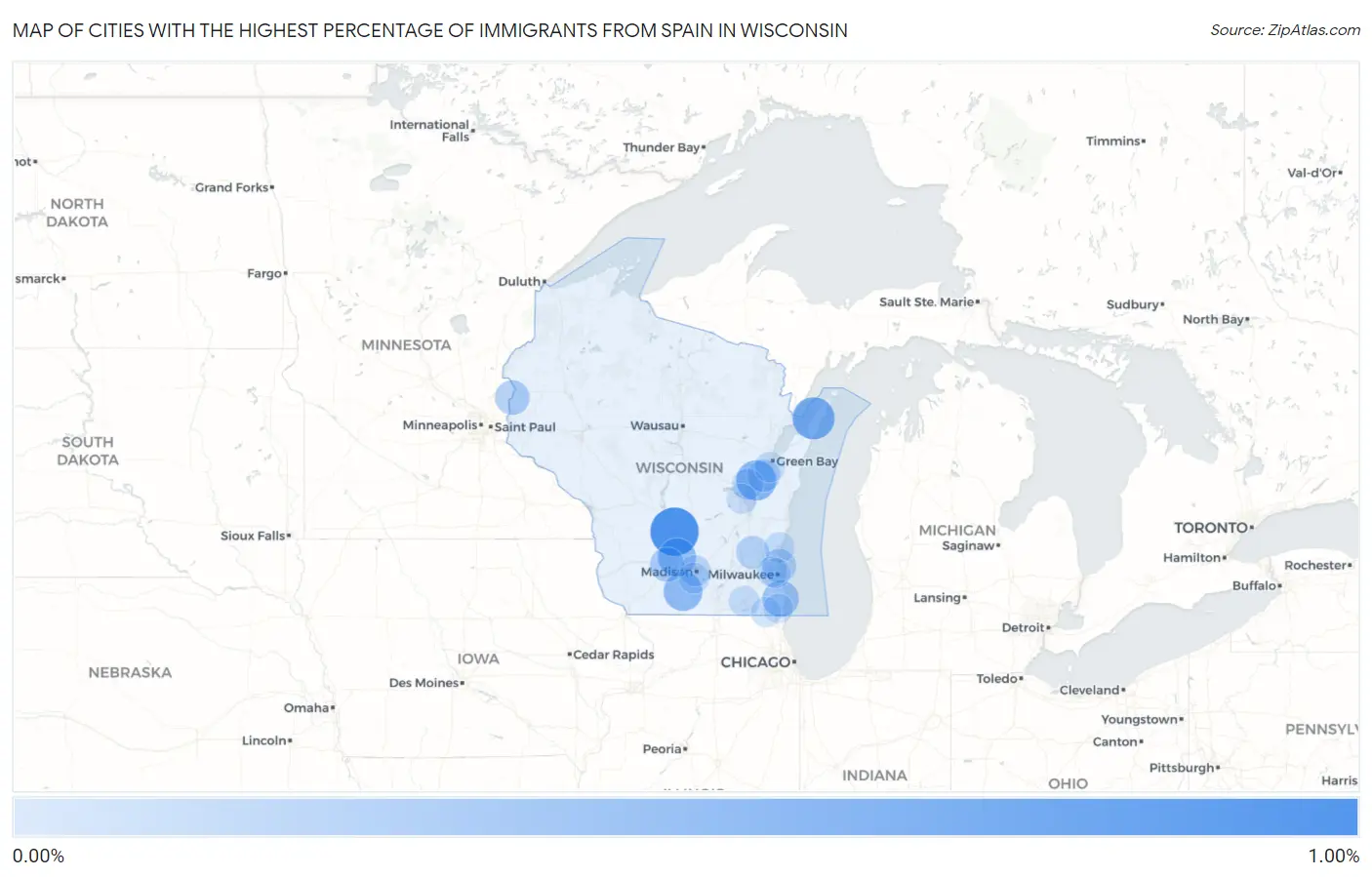 Cities with the Highest Percentage of Immigrants from Spain in Wisconsin Map